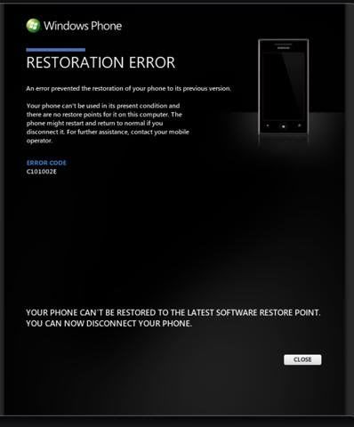 Windows Phone 7 Restoration Error After Failed Update