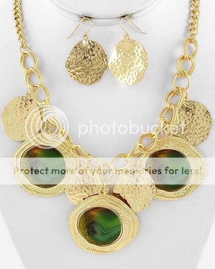 CHUNKY Designer Style Gold,Green BIB NECKLACE EARRINGS fashion jewelry 