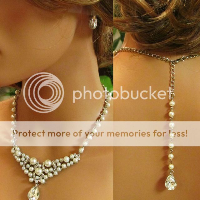 Handmade Bridal Crystal Pearl Back Drop Statement Necklace Earrings 
